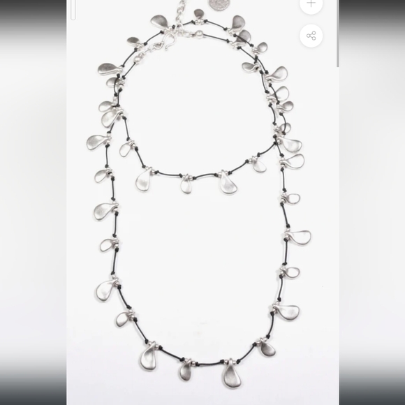 Black Silk with Pewter Tear Drop Long Statement Necklace - Picture 5 of 5